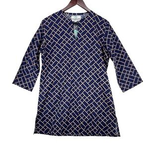 NEW Charleston Shoe Co Tunic Top Cover Up Blue Bamboo Print Beach Resort Size M